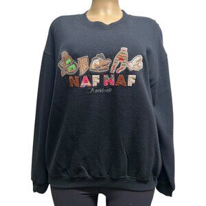 TG-26 Vintage Black Naf Naf Aventure Sweatshirt W/ Colorful Embroidery Crewneck